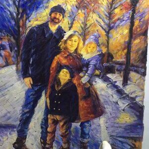 Warm Family Oil Painting on Autumn Street